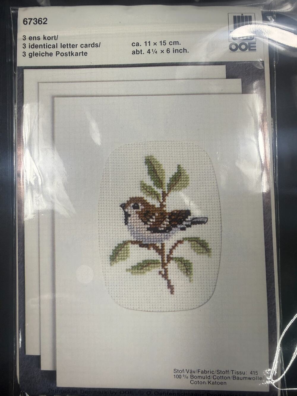 OOE Oehlenschlager Denmark 67362 Bird Cross Stitch Letter Cards Kit 3 Cards